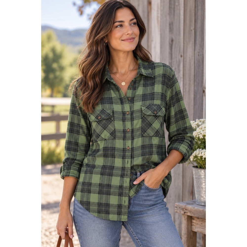 Terra & Sky Womens 4X (28-30) Green Plaid Button Front Shirt Viscose Rustic Fall